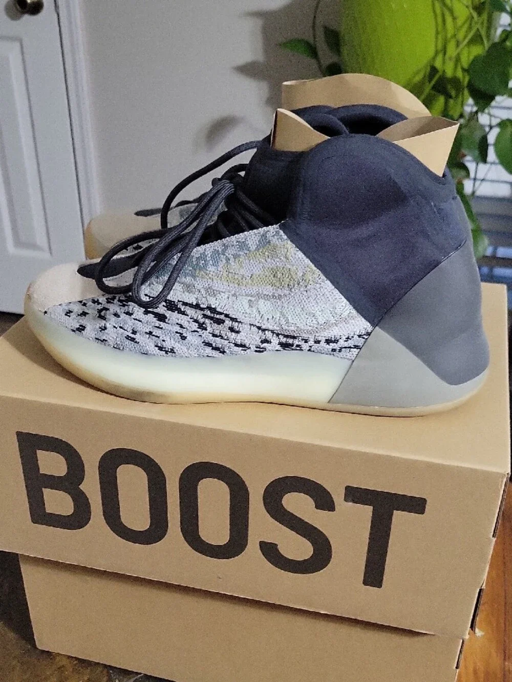 adidas YZY QNTM Knit High-Top Sneakers in Gray, Cream and Blue